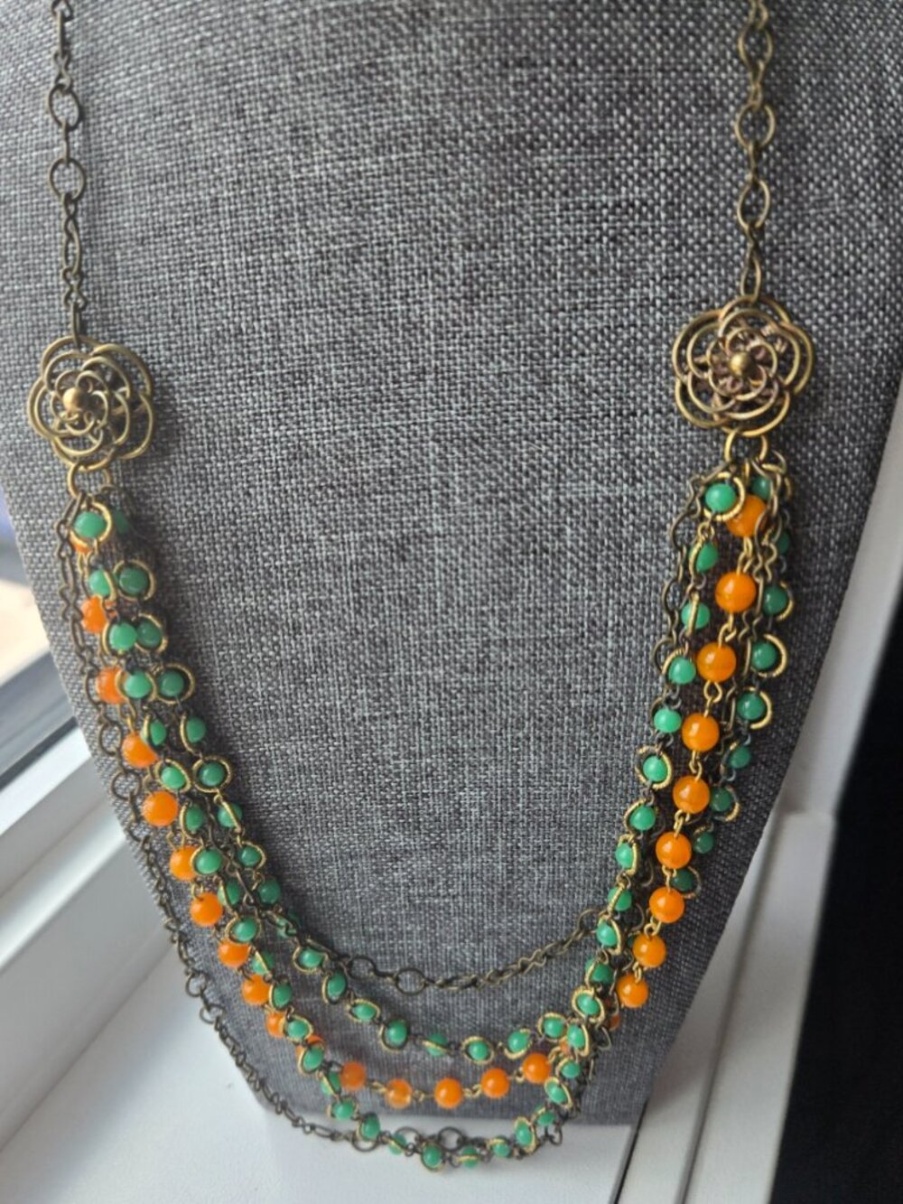 Vintage Orange & Green Glass Multi Chain Necklace